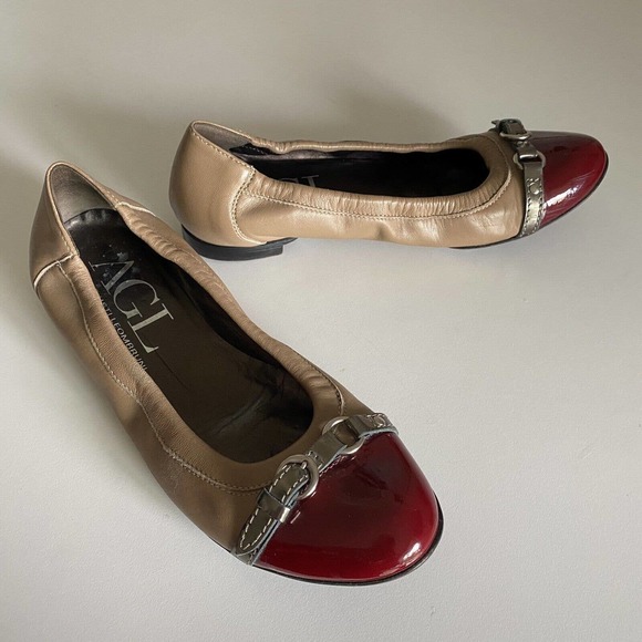 AGL Attilio Giusti Leombruni Ballet Flat Red Cap Toe Beige Leather Class… - Picture 9 of 10